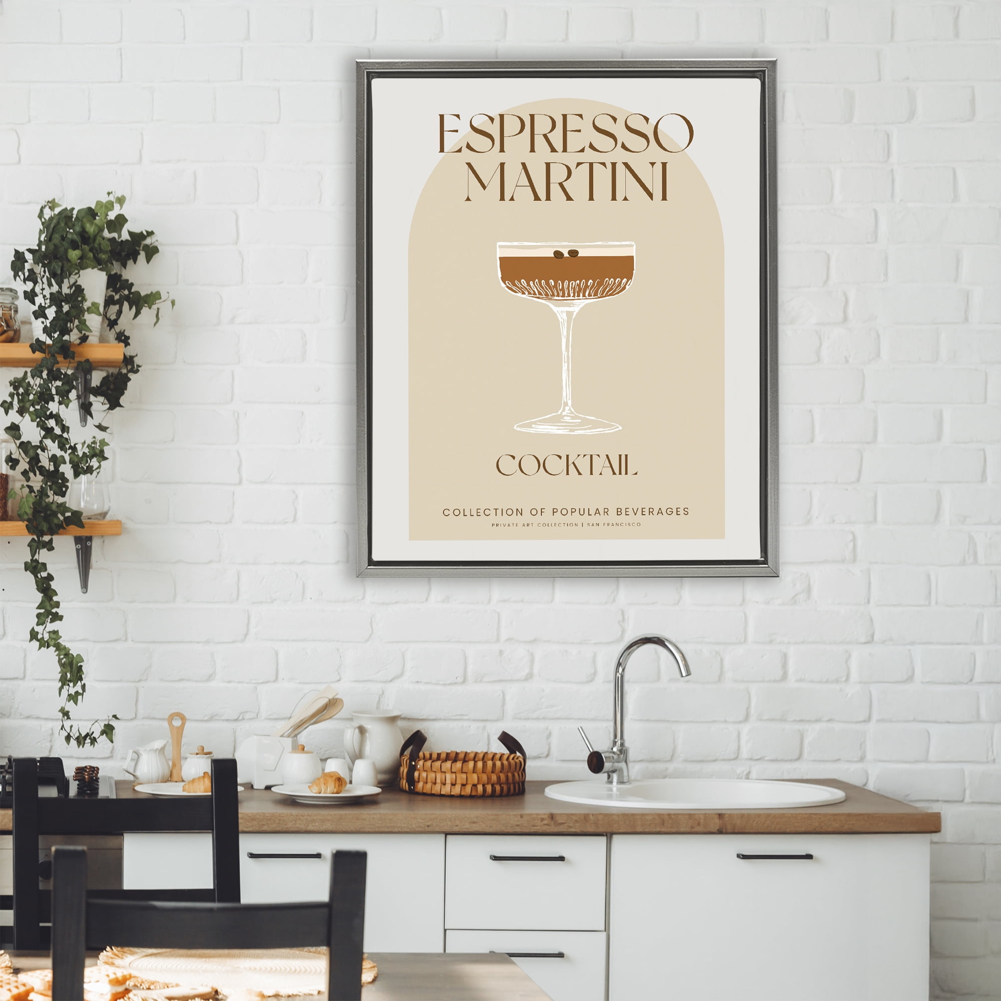 Stylish Retro Espresso Martini Gray Framed Floater Canvas Wall Art, design by Lil' Rue