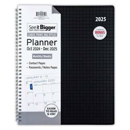 See it Bigger October 2024 - December 2025 Weekly Dated Planner (9.75" x 11") Black