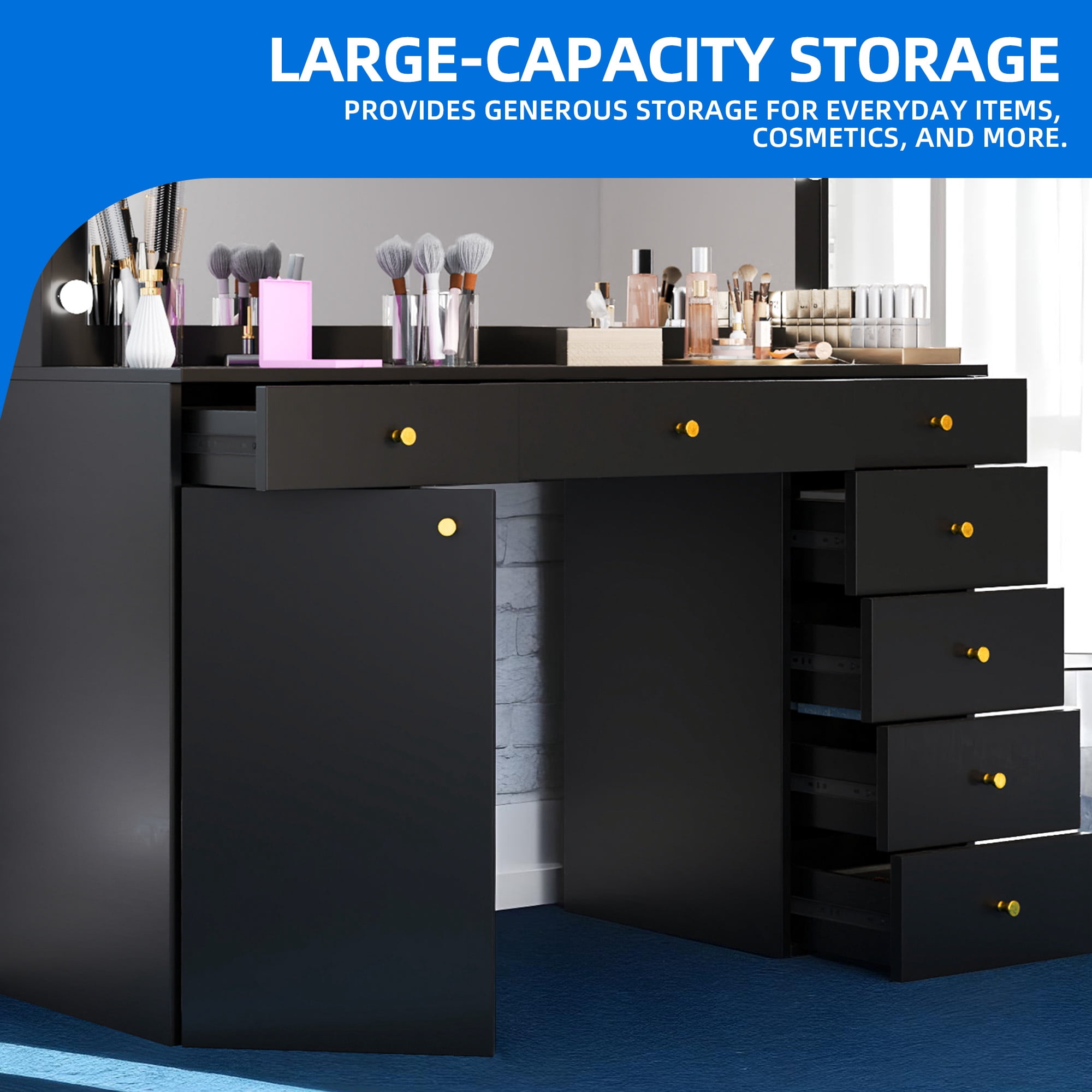 DEXTRUS 7 Drawers 56'' Makeup Vanity Set with Mirror, Lights for Bedroom, Black