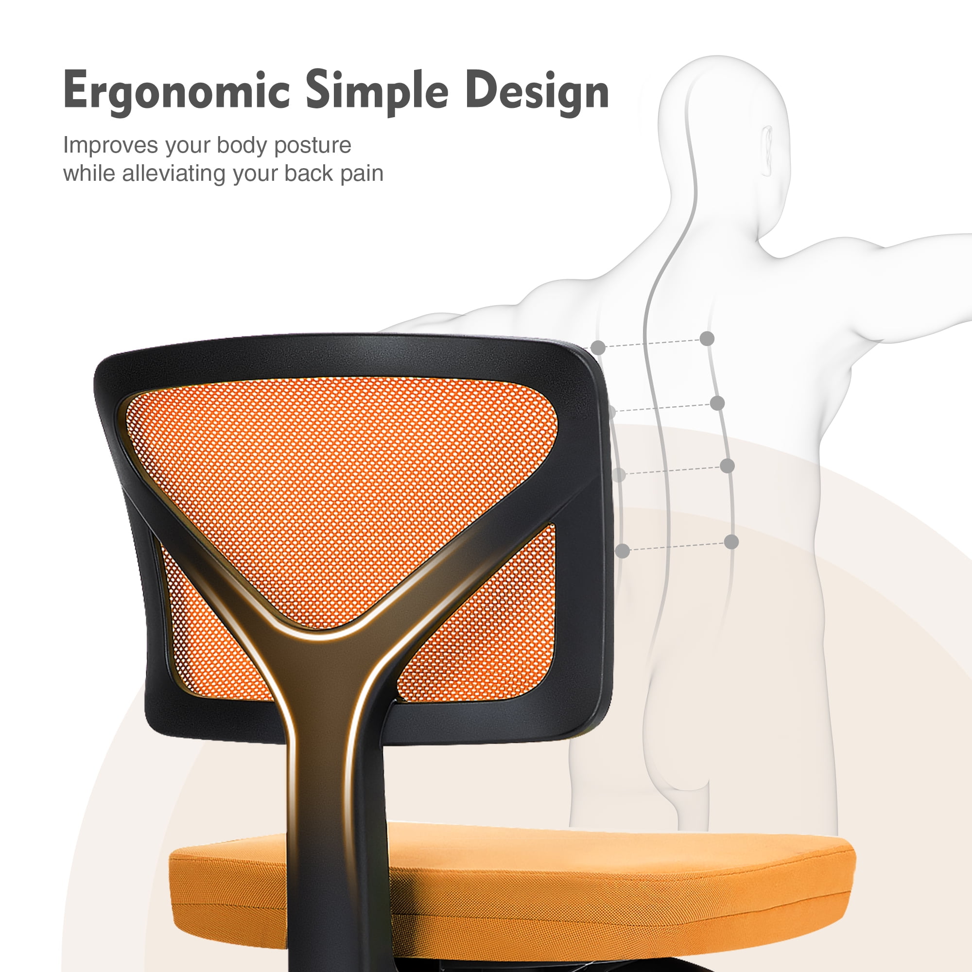 CONCETTA Mesh Office Desk Chair with Ergonomic Low-Back, Armless Design, Rolling Swivel Chair with Wheels, Orange