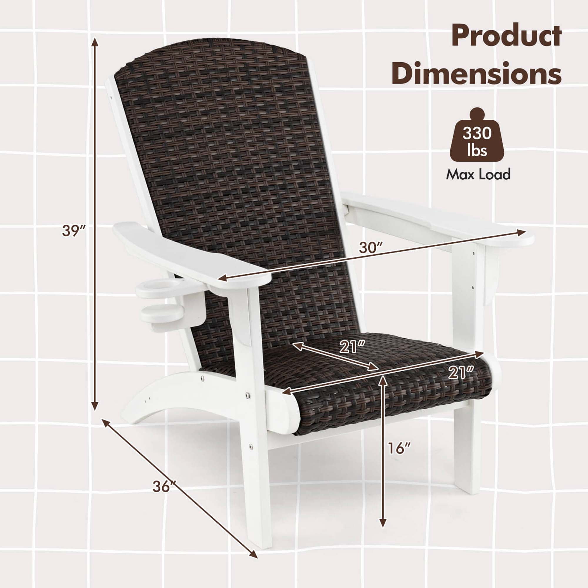 Costway Patio Adirondack Chair with Rattan Padded Seat Wide Armrests & Hidden Cupholder White