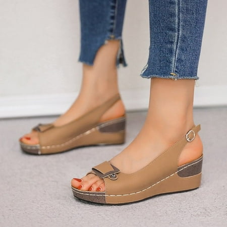 

Tejiojio Womens Sandals Clearance Womens Vintage Buckle Wedge Heel Open Toe Low Fish Mouth Roman