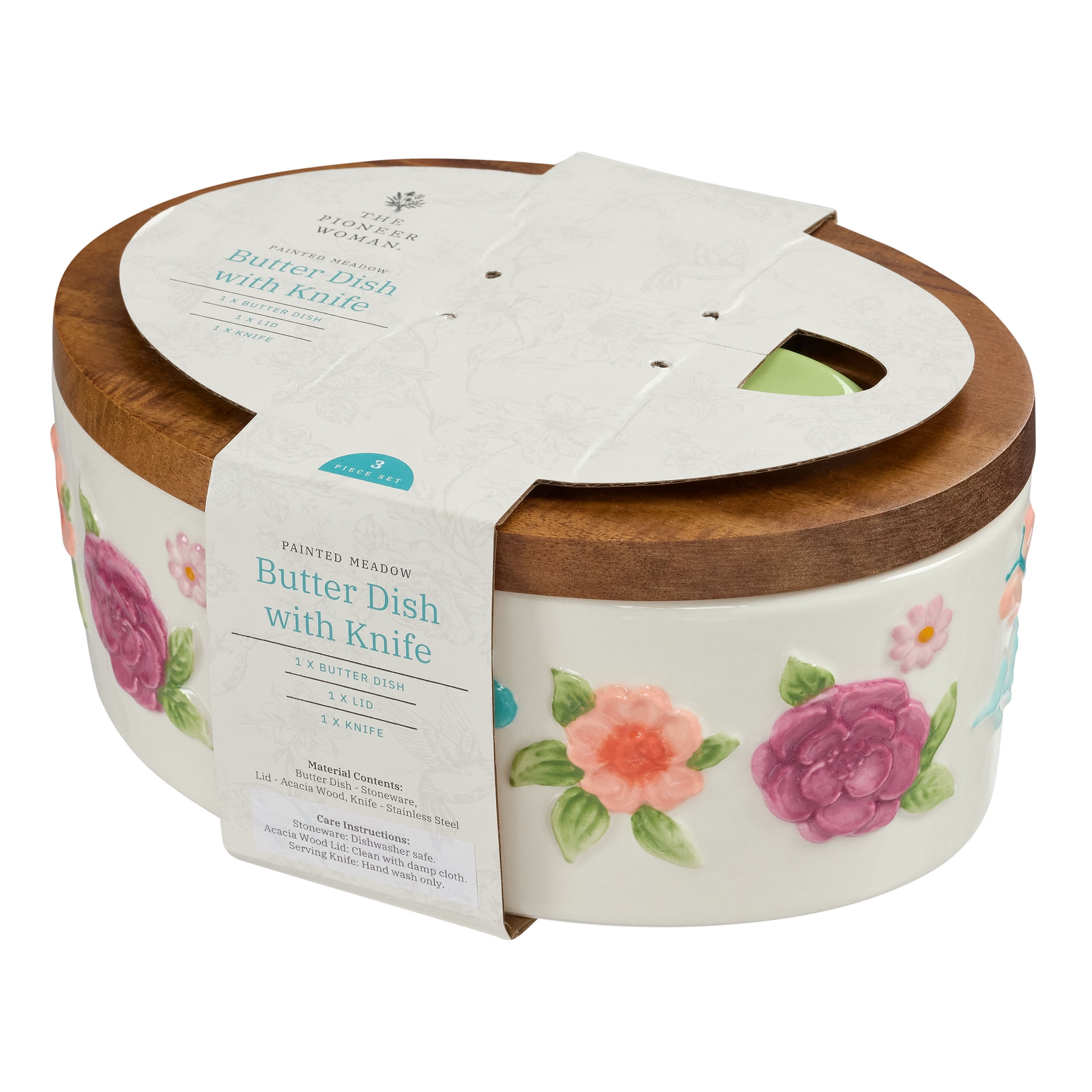 The Pioneer Woman Ceramic Painted Meadow Butter Dish with Acacia Wood Lid and Serving Knife, Best Used for Everyday Kitchen Organization
