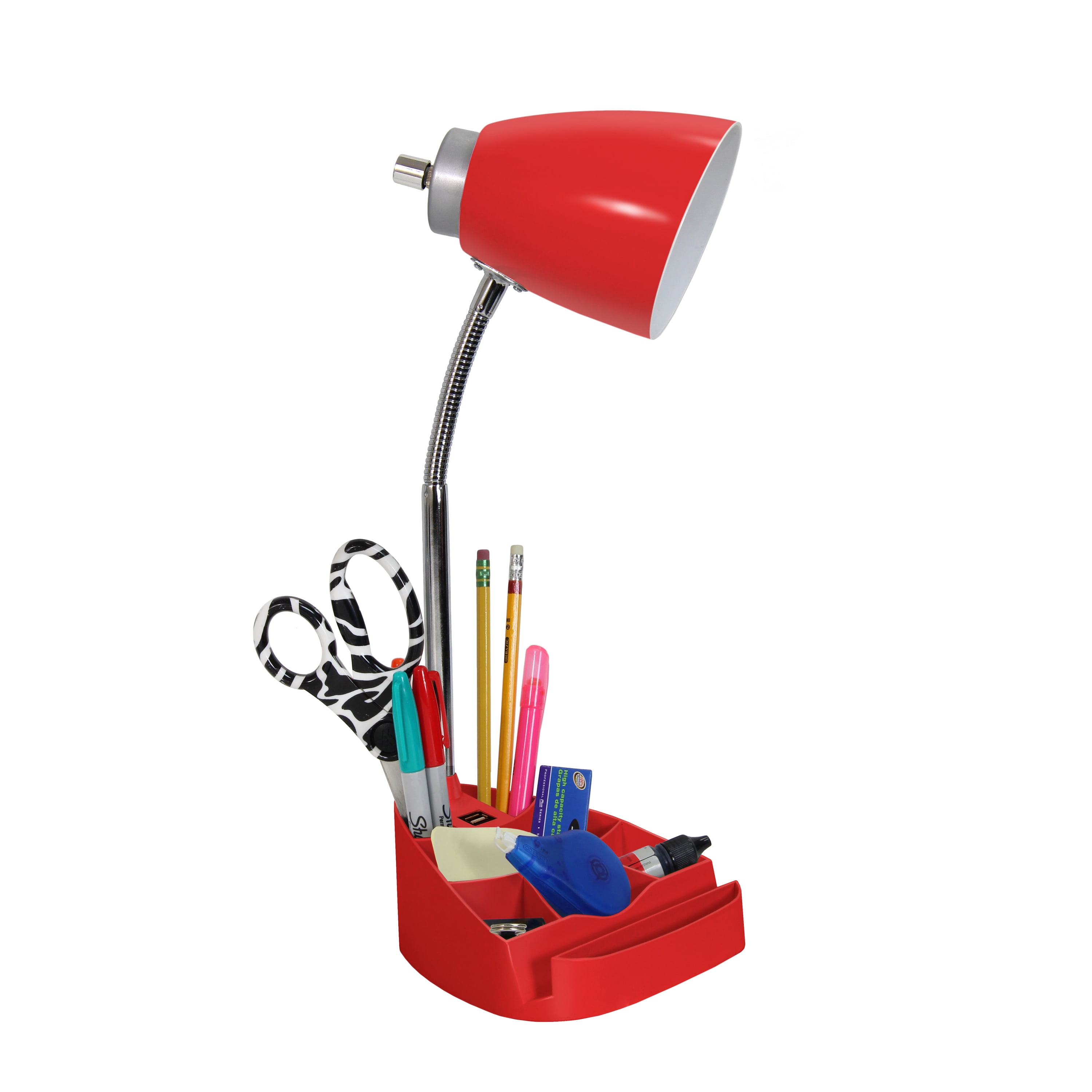 Creekwood Home 18.5" Flexible Coordinating Desk Lamp with USB Port and Storage, Red