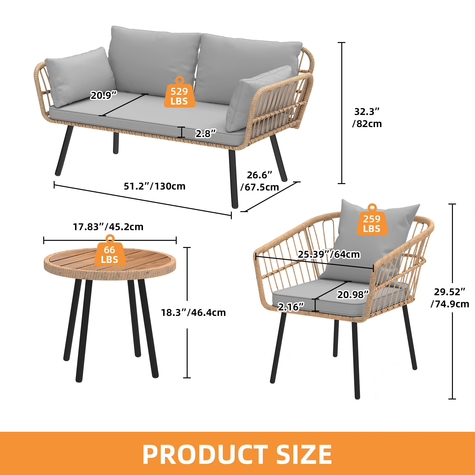 Craftian Outdoor Conversation Set,4-Piece Bistro Set with Loveseat for Patio Furniture Set - Gray