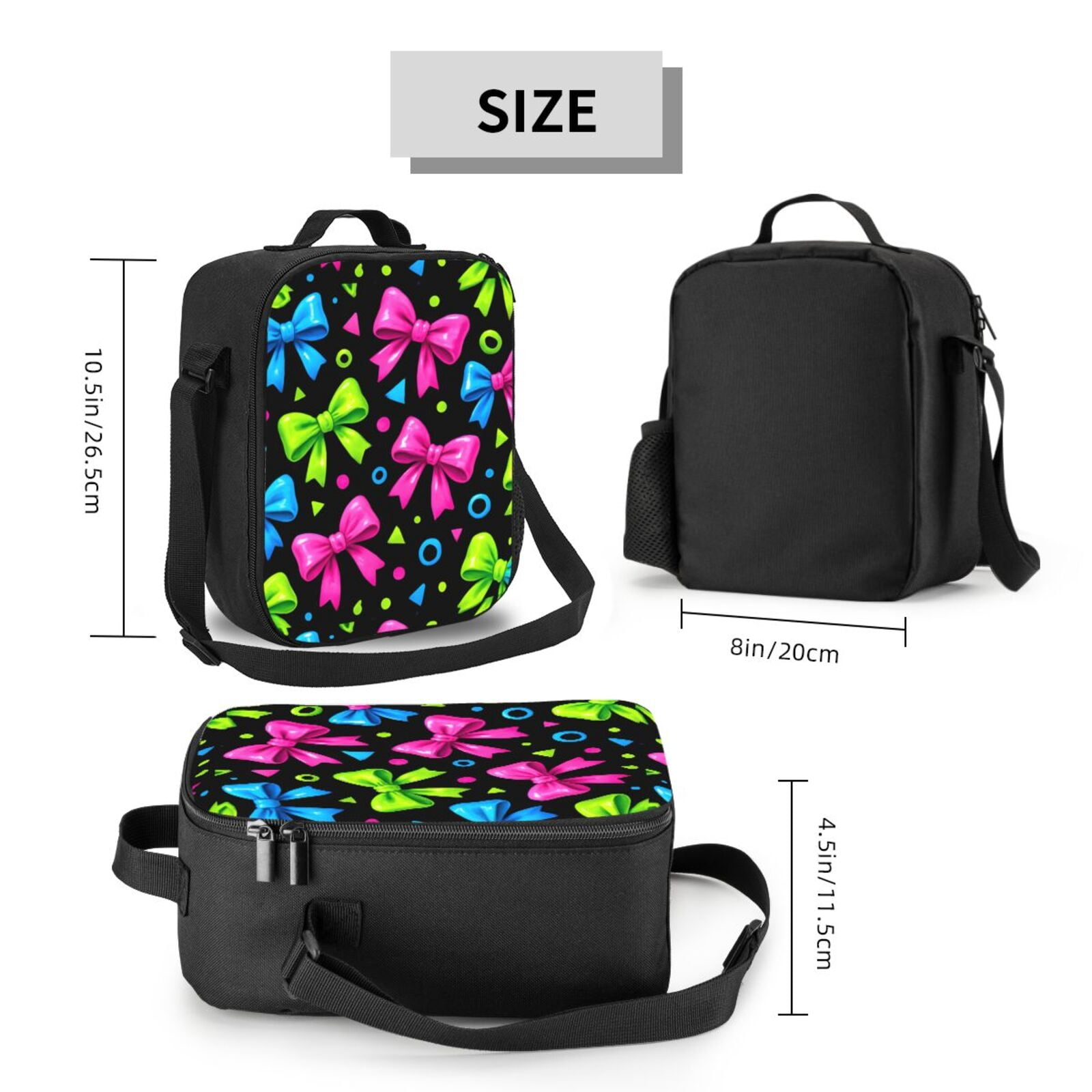 Thermal Insulation One Shoulder Portable Bento Bag Can Be Reused 8×10.5in For Carrying Drinks Bento Box Fruit Snacks Bold Neon Contemporary Ribbon Bow Pattern