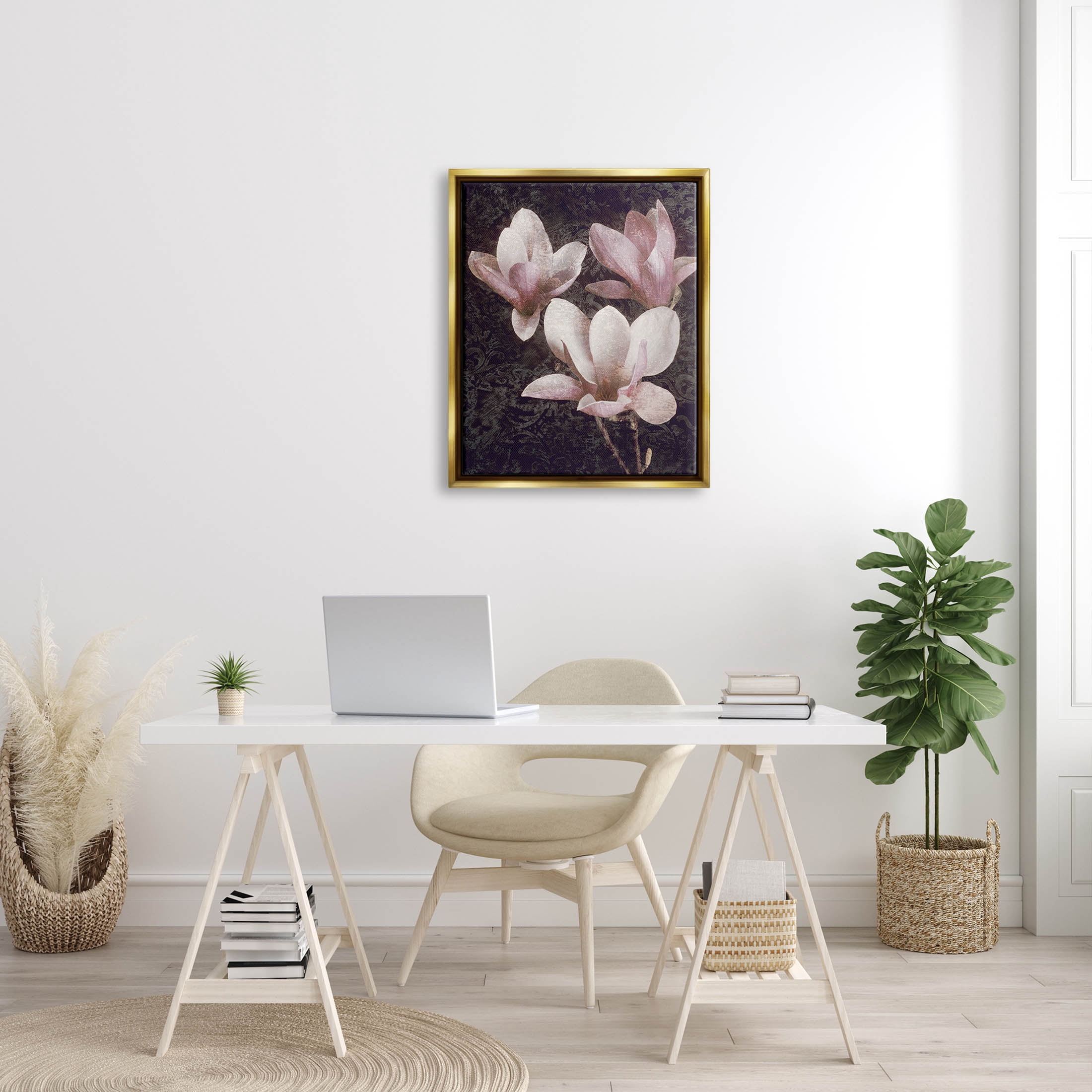Vintage Pink Blooms Damask Pattern Botanical & Floral Graphic Art Metallic Gold Framed Art Print Wall Art