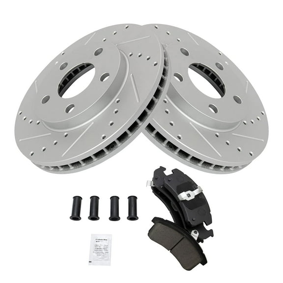 TRQ Brake Rotor Drilled Slotted Coated & Ceramic Pad Front Set Fits Select Chevy