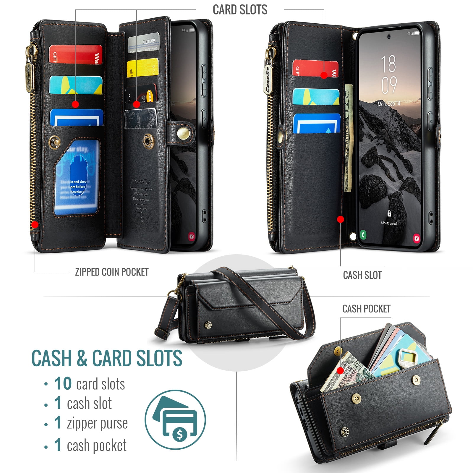 Decase Wallet Case for Samsung Galaxy S26,Flip RFID Blocking Shockproof TPU Cover with 10 Card Slots,Cash Slot,Zipper Coin Pocket,Crossbody PU Leather Phone Cover,Black
