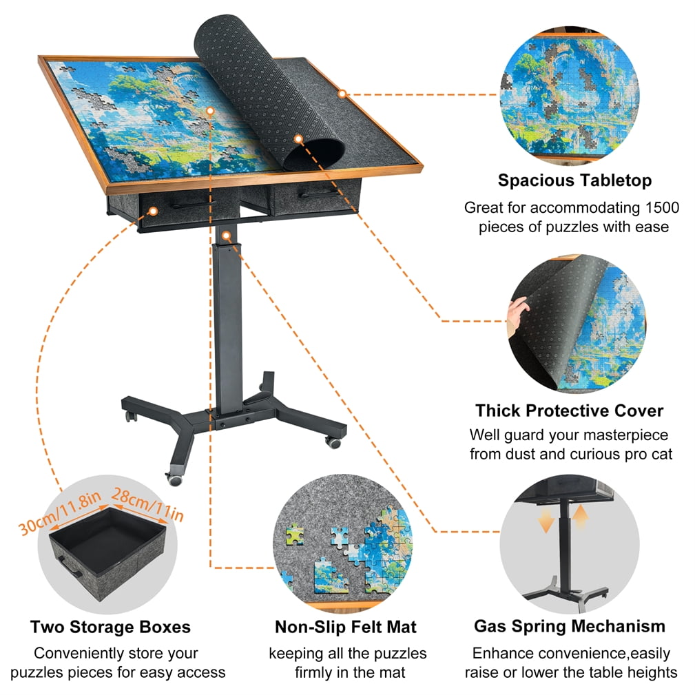 Wisfor Large 1500PCS Jigsaw Puzzle Table Gas-Lift Height Adjustable 360° Rotation Tilting Desktop w/ 2 Storage Drawer,35.43x27.56x38.58 inch