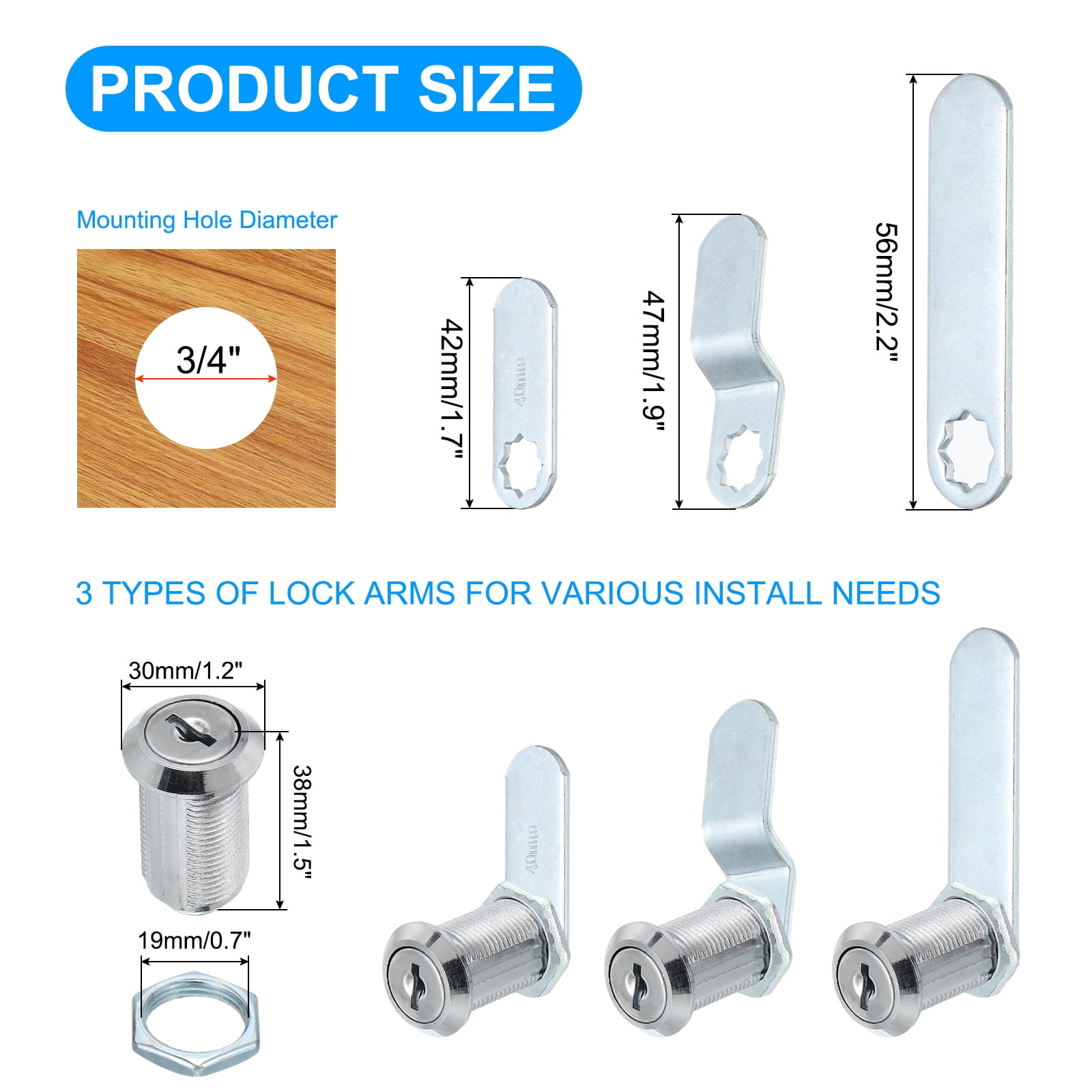 1-1/8 inch Cabinet Locks with Keys, Zinc Alloy Cam Lock Cylinder RV Lock Set Key Different, Silver 6 Pack