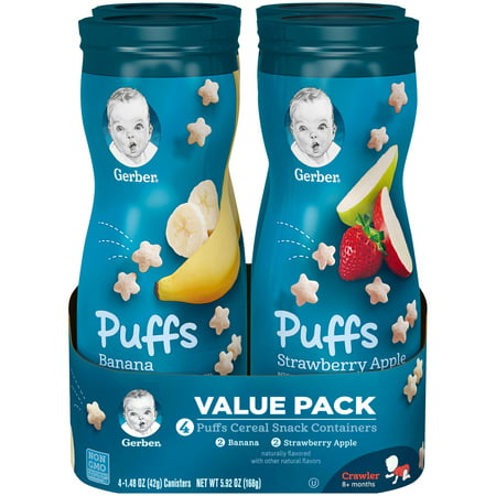 (4 Canisters) Gerber Puffs Banana/Strawberry Apple Cereal Snack Variety Pack, 1.48