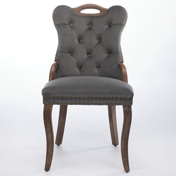 Velvet Dining Chairs Set of 2, Elegant Gray Tufted Accent Chairs with Solid Wood Handles & Curved Legs, French American Style for Dining Room, Living Room, 25"W x 19.3"D x 37.5"H