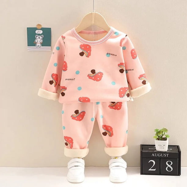 Conjunto de pijama de manga larga para niños y niñas, ropa de dormir de lana para invierno, con estampado de dibujos animados, de 0 a 4 años