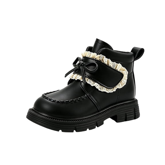 Fesfesfes Girls Kids Boots Bow Decor Lace Round Toe Chunky Sole Non-slip PU Leather Winter Shoes for School and Casual Daily Wear