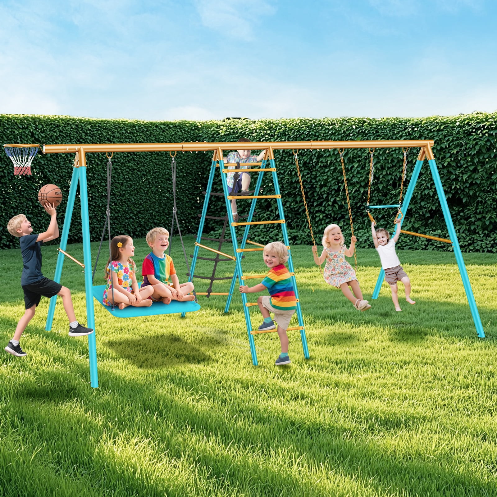 Swing Sets for Outdoor, 6 in 1 Heavy-Duty Metal Swing Sets, Kids Swing Sets for Backyard with 2 Swings,Trapeze Bar and Basketball Hoop for Aged 3-12
