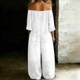 thumbnail image 6 of Off-Shoulder Denim Jumpsuit for Women, Long Sleeve Button Front Wide Leg Romper with Pockets - Washed Casual Playsuit White XXXL, 6 of 6
