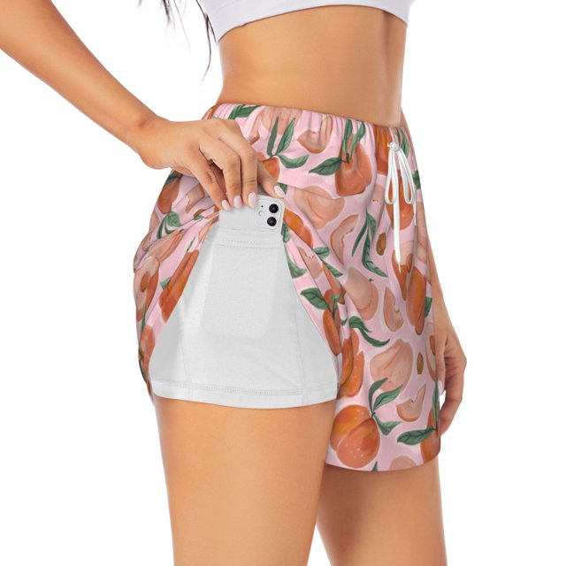 Balery Painting Peach Pantalones cortos deportivos para mujer con forro y dos bolsillos, elásticos, para entrenamiento, gimnasio, yoga-Medium