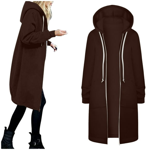 2025 Womens Hoodies Coat Fall Oversized Fleece Jacket Winter Warm Pockets Drawstring Fleece Jacket Womens Zipper Open Thin Hooded Jackets Long Cardigans Tops Zip Womens Jacket Outwear