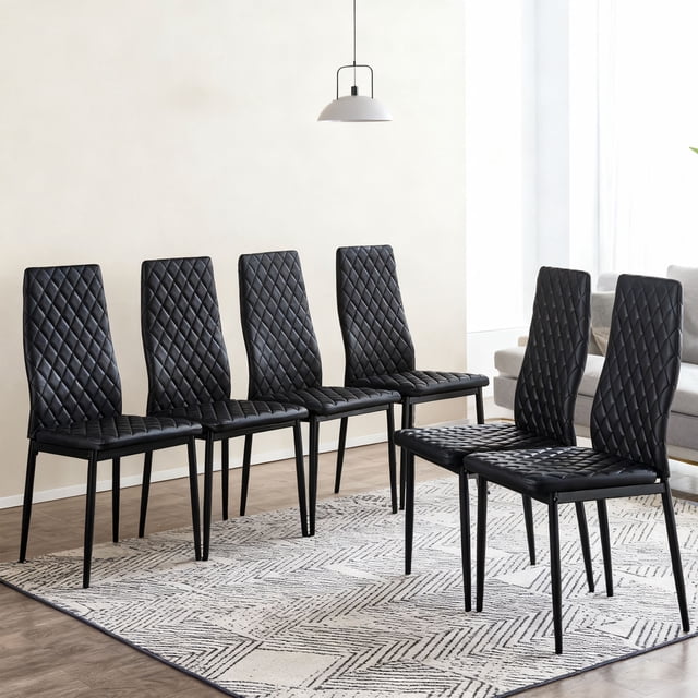 LHYY Modern Dining Chair Fireproof Leather Sprayed Metal Pipe Diamond Grid Pattern Restaurant Home Conference Chair Set (6 packs) BLACK