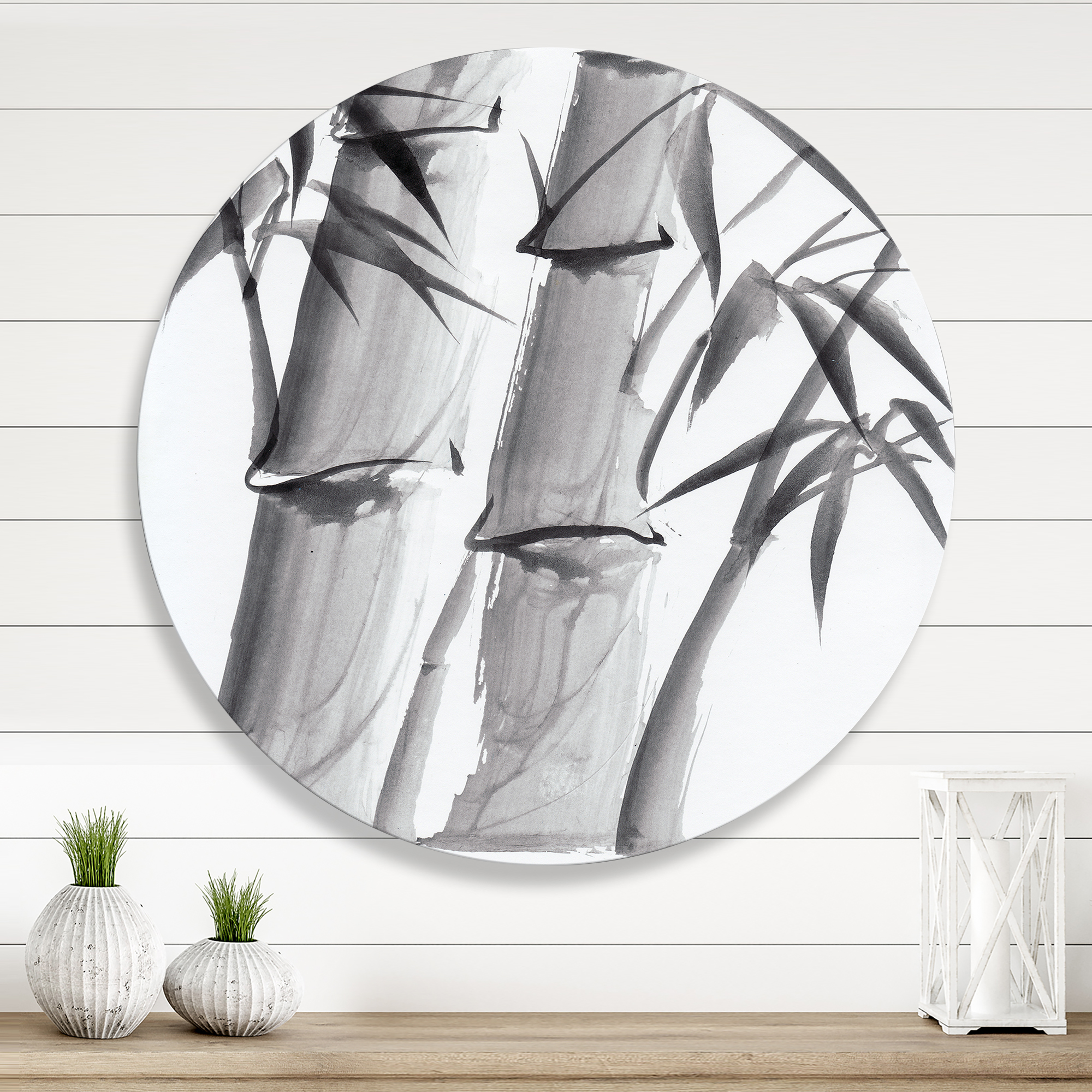 Designart 'Vintage Black and White Bamboo IV' Traditional Circle Metal Wall Art 11x11 - Disc of 11