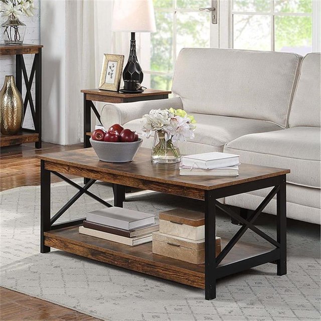 Oxford Coffee Table with Shelf in Nutmeg Wood Finish with Black Metal Frame