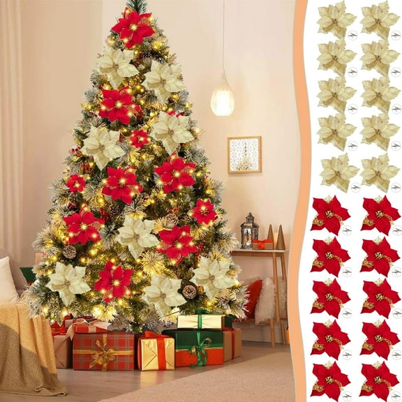OEFNTAC Decorations 10pcs Red Velvet Gold Powder Christmas Flowers, 20cm Tree Rattan Accessories Christmas Decor