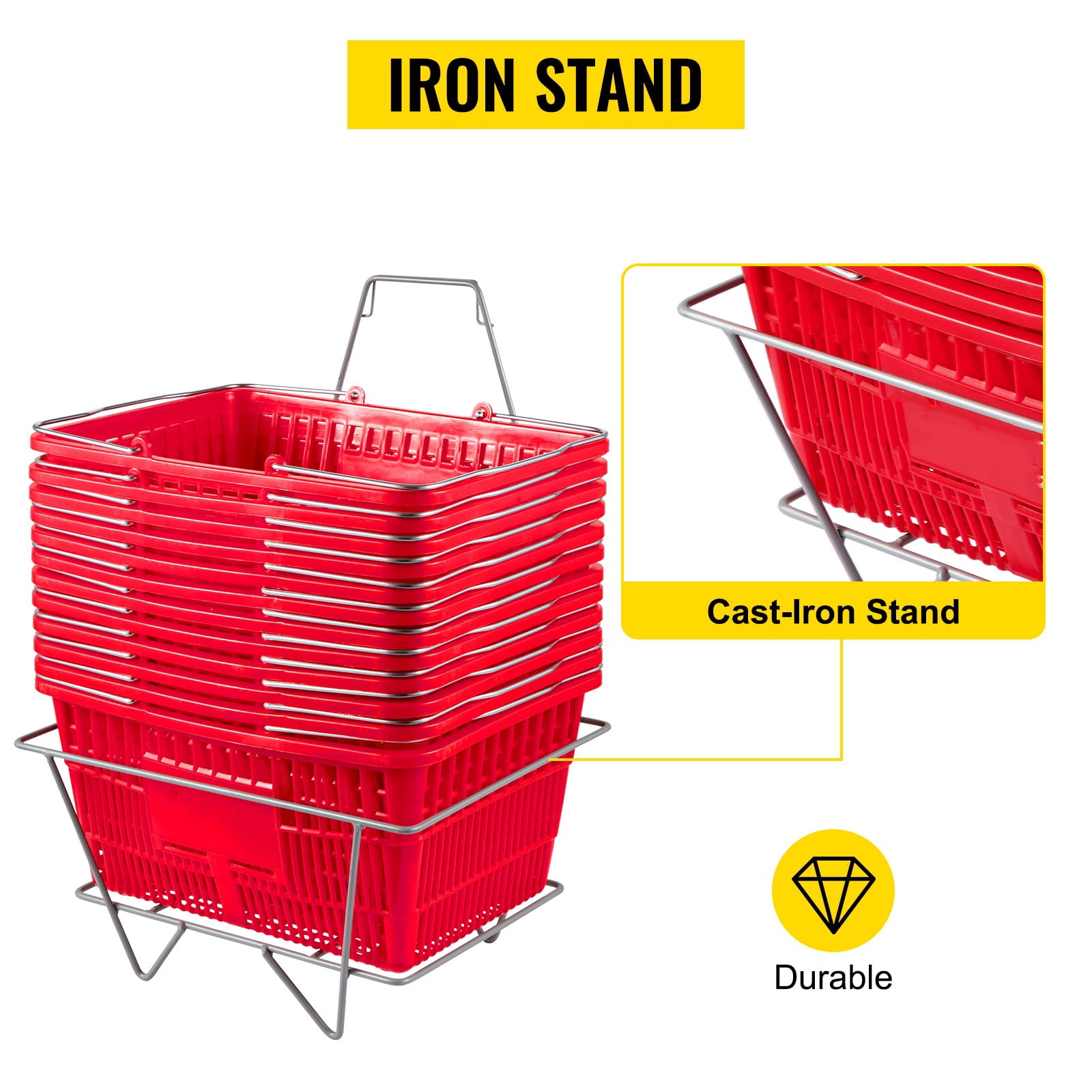 VEVOR Shopping Basket Store Baskets 21L Capacity 16.9"L with Handle 12Pcs Red