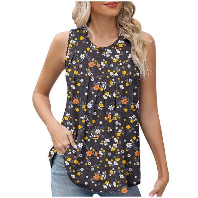 Scyoekwg Débardeurs pour Femmes Col Rond Tunique Froncée Débardeurs Sans Manches Hauts d'Été Chemises à Bretelles Décontractées Imprimé Floral Tee Graphique Blouses Amples (Multicolore, TTG)