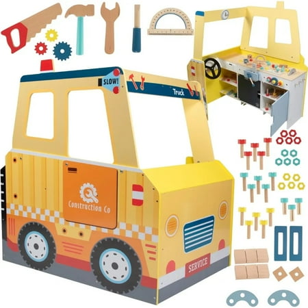 Construction Truck Wooden Playset w 60+ Toy Pieces- Pretend Hammer Saw Bolts, Screws- Spinning Turn Saw, Steering Wheel, Wood to Pull Apart- Dual Sided Stand Center, Workbench Building Kids Gift