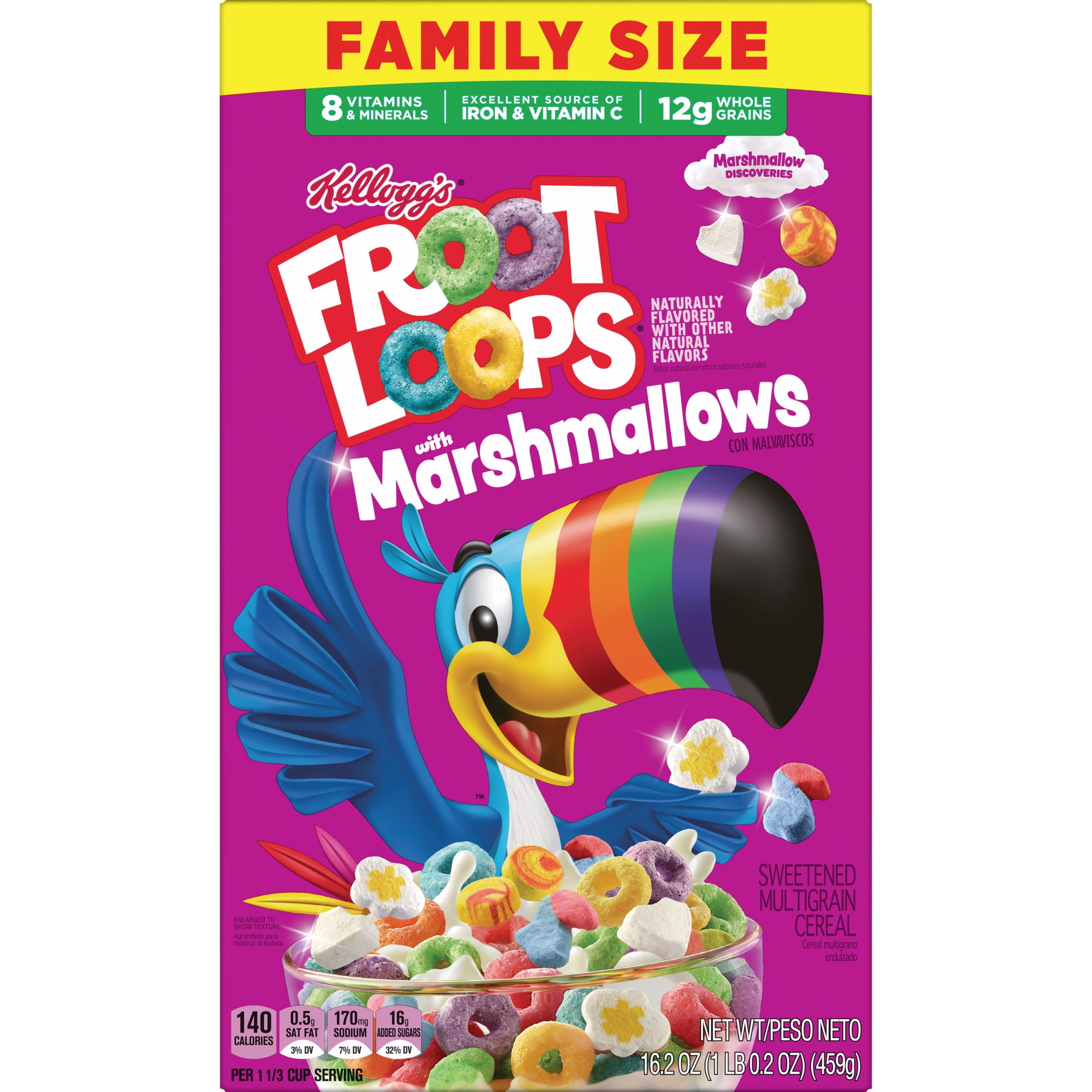 (6 pack) Kellogg's Froot Loops Original with Marshmallows Breakfast Cereal, 12g Whole Grains, Family Size, 16.2  oz