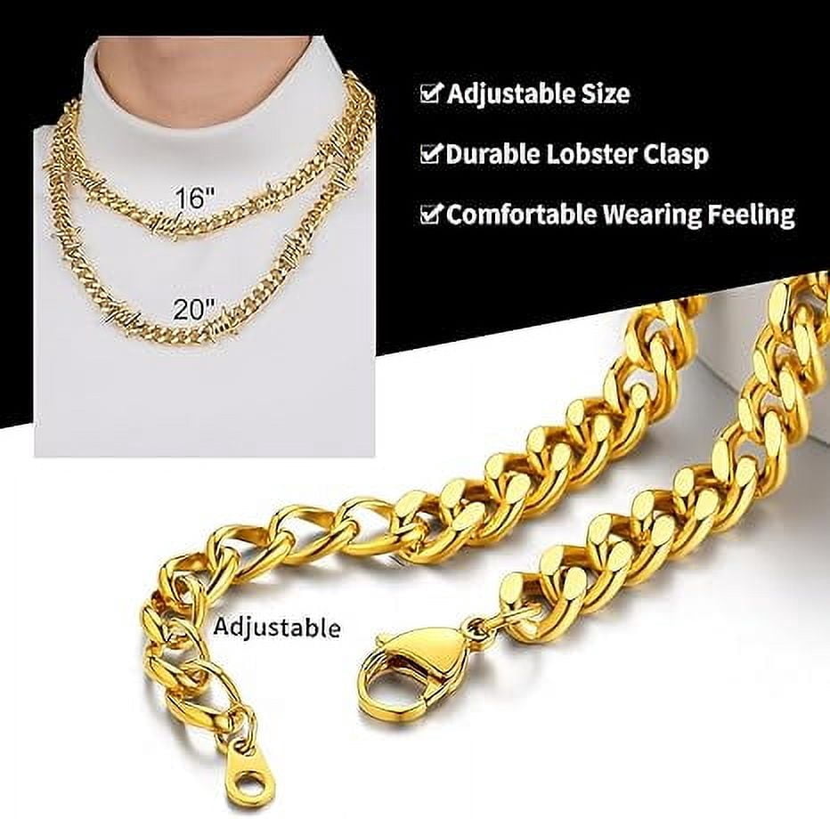 ChainsHouse Gold Plated Barbed Wire Necklaces for Men Women Punk Thorns Chain Necklace 9mm Width Chunky Chains Jewelry Gift, 16 inch