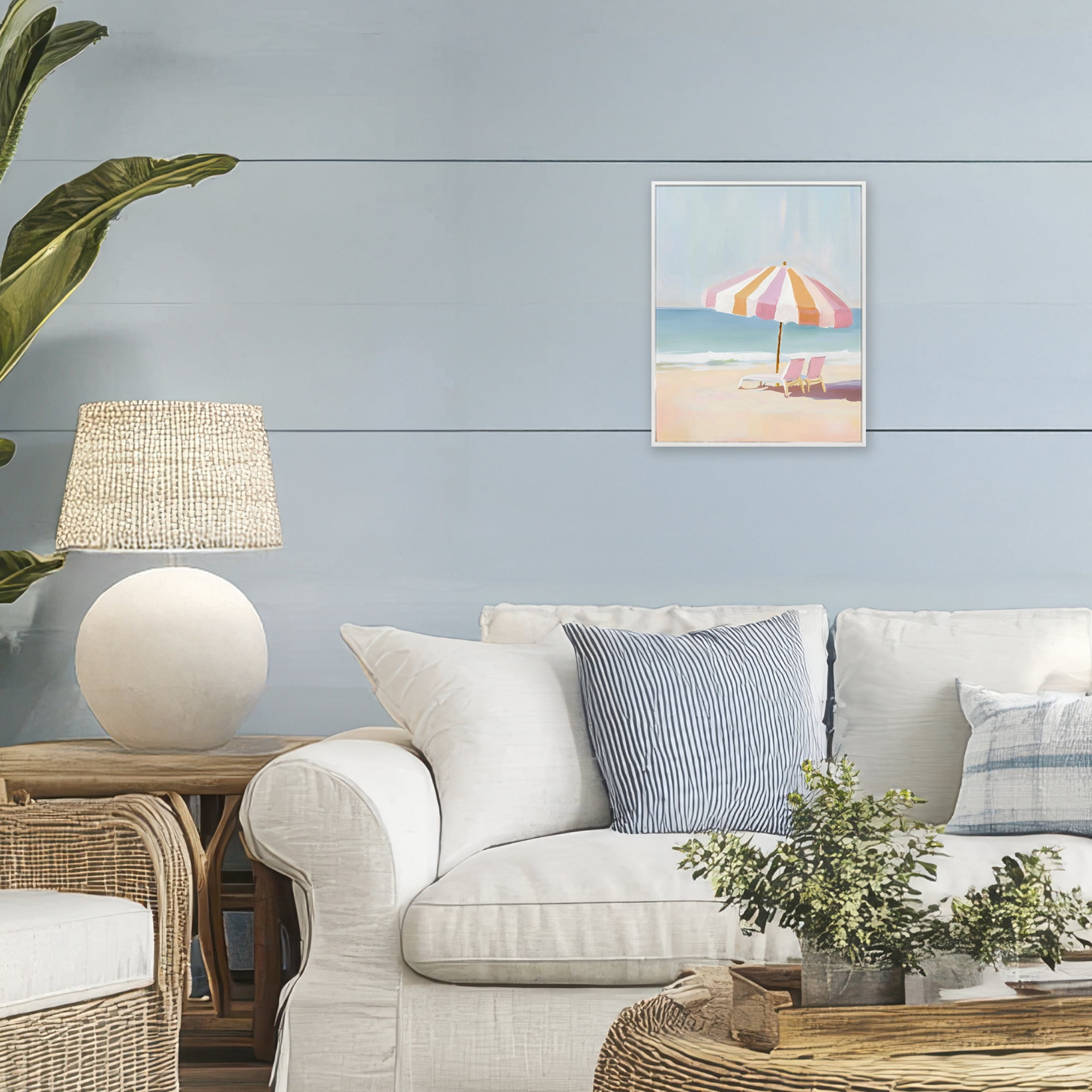 Stupell Industries Striped Umbrella & Chairs White Framed Giclee Art, design by The Prints Vibe