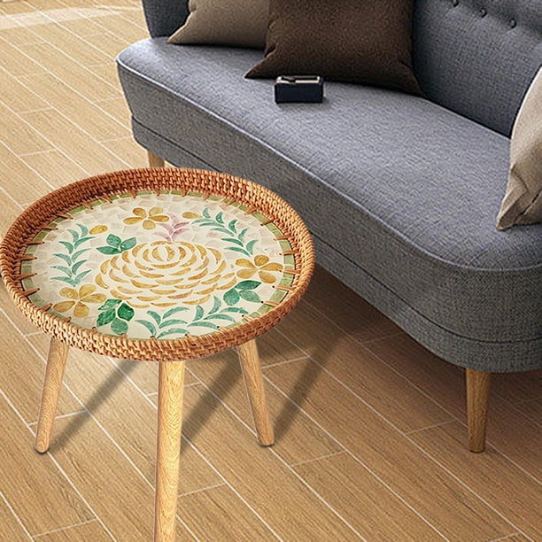 Mesa auxiliar de ratán, mesa auxiliar multifuncional, fácil de usar, mesita de noche, mesa de té, mesita de noche para dormitorio, patio, interior y Peonía 60cm