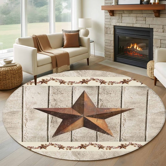 Round Rugs 5 Ft, Western Texas Star Retro Non Slip Area Rugs for Kitchen Bedroom Entryway, Country Farmhouse Gray Wood Grain Washable Carpet Runner Rug Floor Mats for Bedroom Home Decor