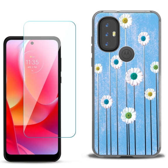 Slim-Fit Gel TPU Phone Case for Motorola Moto G Power 2022, with Tempered Glass Screen Protector, by OneToughShield ® - Daisy Sky