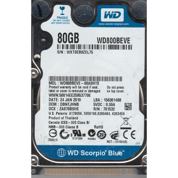 WD800BEVE-00A0HT0, DCM DBNTJHNB, Western Digital 80GB IDE 2.5 Hard Drive
