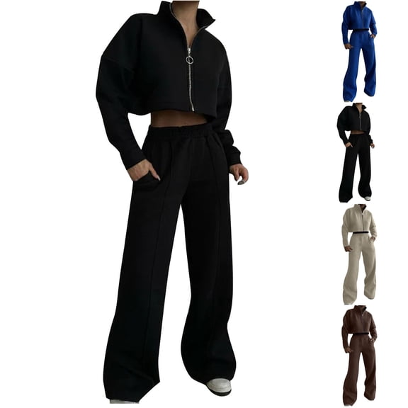 Wlynlyn Women 2 Piece Sets Full Zip Fashion Crop Sweatshirts Wide Leg Pants Outfits Fall Sweatpants Outfits