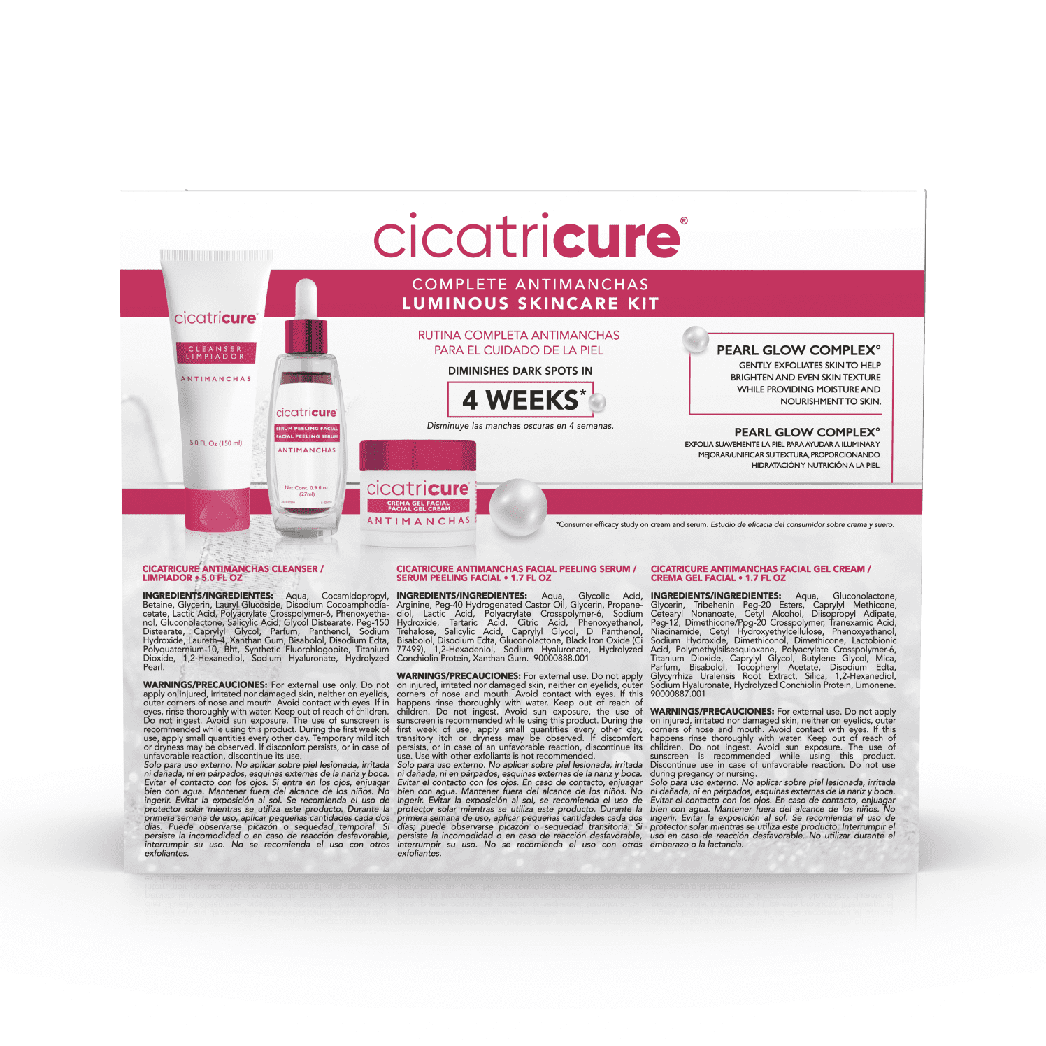 Cicatricure Complete Antimanchas Luminous Skincare Kit - Includes Cleanser, Facial Peeling Serum, & Gel Cream - Diminishes Dark Spots, Brightening (3 Pack)