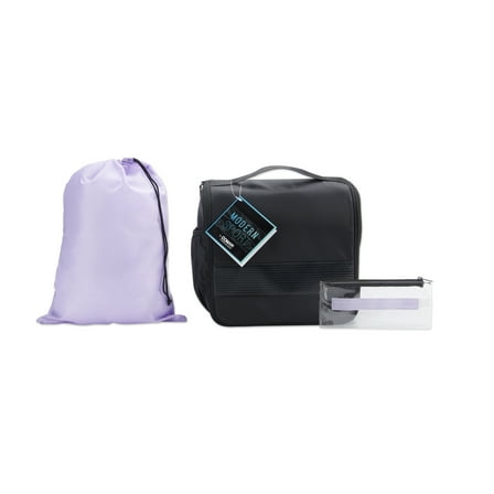Modern Sport Hanging Toiletry Bag with Zipper, Drawstring Bag, and Clear Pouch, Black & Lavendar (3pc)