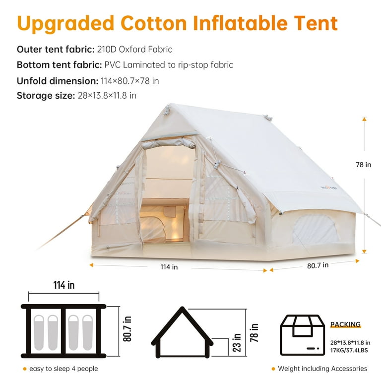  Inflatable Camping Tent with Pump, Glamping Tents, Easy Setup  4 Season Waterproof Windproof Outdoor Blow Up Tent, Luxury Cabin Tent with  Mesh Windows & Doors (for 2 Person) : Sports & Outdoors