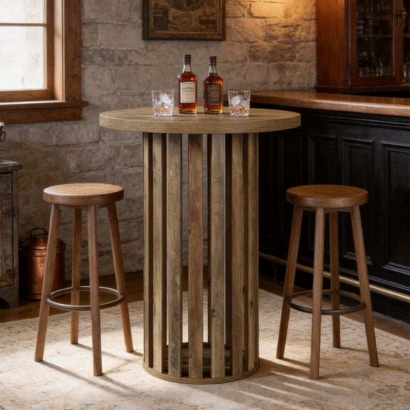 Finmind Round Bar Table, 37.4" High Bistro Pub Table for Home Bar, Dining Room, Party, Cocktail, Living Room, Small Space, Rustic Brown