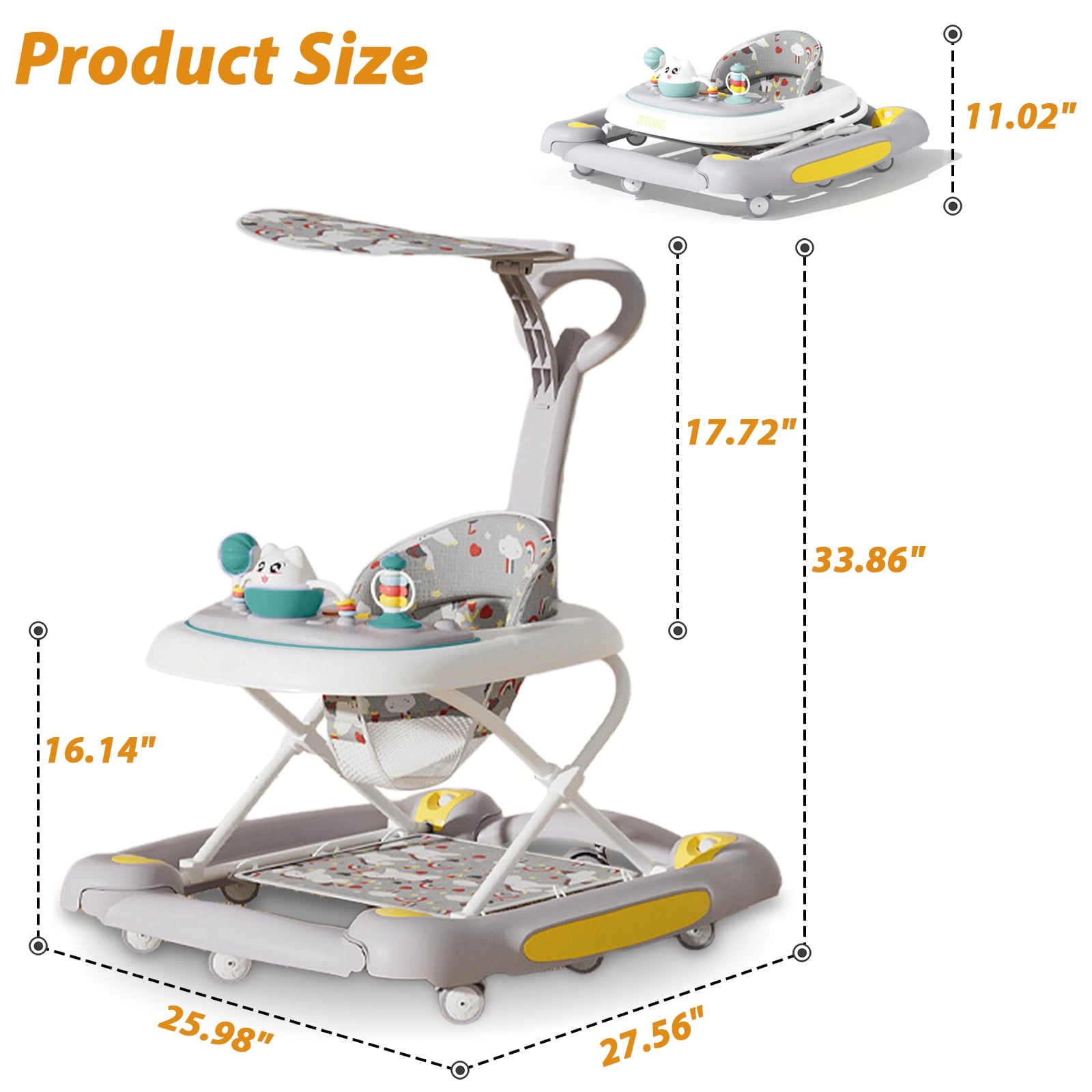 Activity Baby Walker for Girls and Boys, 5-in-1 Baby Walker with Music Toys, Height Adjustable, Grey
