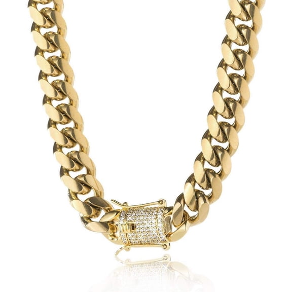Leander 14K REAL Gold Plated Miami Cuban Link Chain 316L Stainless Steel Necklace or Bracelet with Iced Out Diamond Clasp for Men Women(Custom Box and Pouch Packing, Christmas Gift)