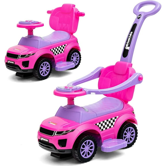 OLAKIDS 4 in 1 Ride on Push Car, Toddlers Stroller Sliding Walking Toy with Horn, Music, Lights, Removable Guardrails and Handle, Underneath Storage, Baby Foot-to-Floor Walker for Boys Girls (Pink)