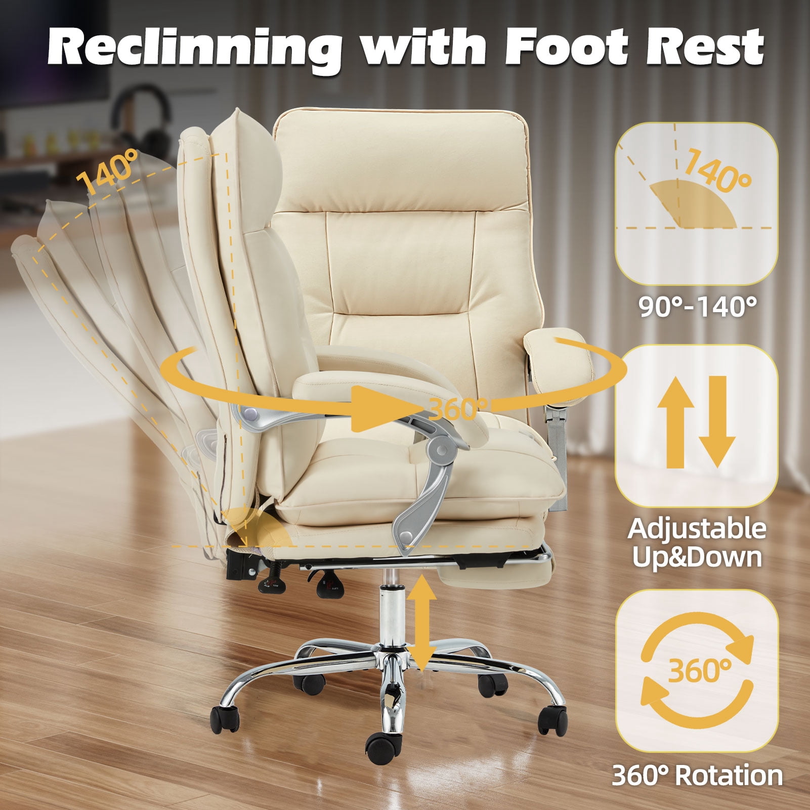 zzw Reclining Big and Tall Office Chair with Footrest - 350 lbs Capacity High Back Ergonomic Executive Desk Chair for Home and Gaming, White