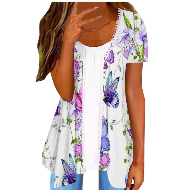 ICHUANYI Clearance Women's Summer Fashion Flower Print Short Sleeve Top T-shirt(Purple, L) ICHUANYI WER2023080903448