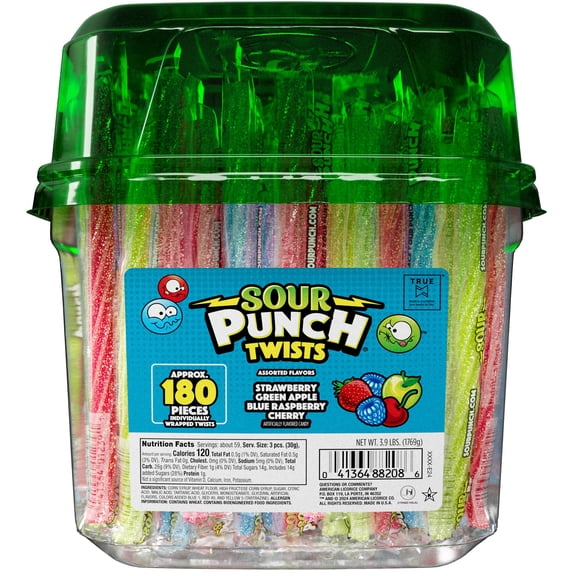 Sour Punch Twists, Sour Candy MDA05 6" Individually Wrapped Chewy Candy, 4 Assorted Fruity Flavors