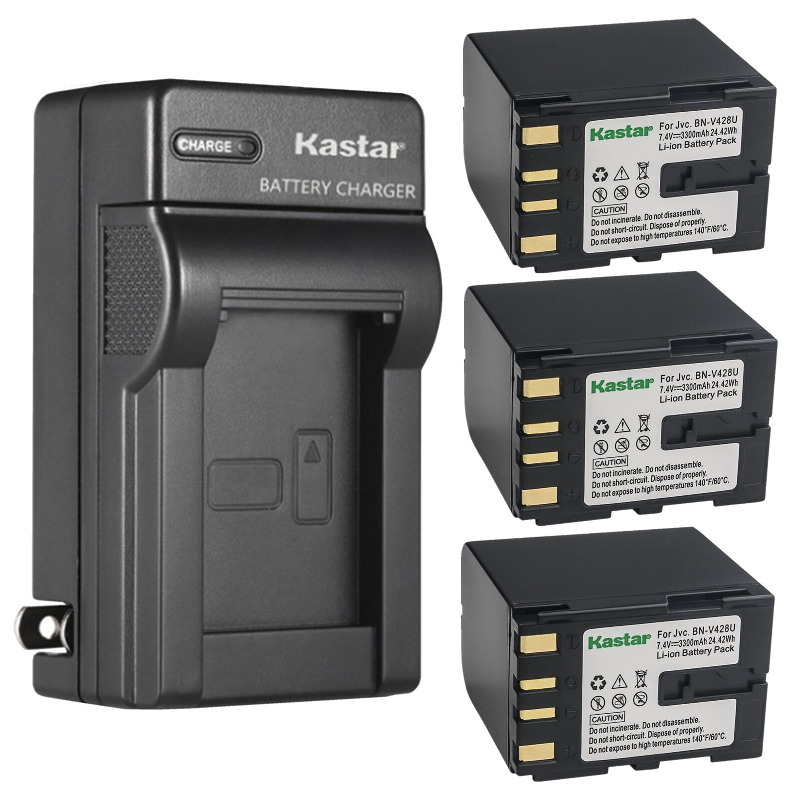 Kastar 3-Pack BN-V428 Battery and AC Wall Charger Replacement for JVC JY-HD10 JY-HD10U JY-VS200 JY-VS200U CU-VH1 CU-VH1US GR-33 GR-4000 GR-D20 GR-D200 D201 GR-D2000 GR-D21 GR-D22 GR-D23