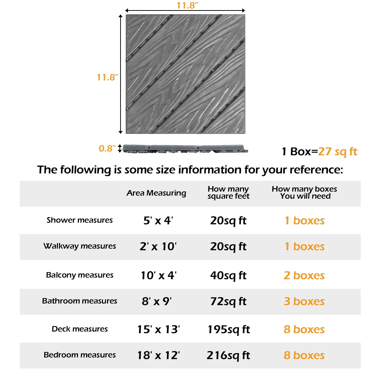 27Pcs Plastic Interlocking Deck Tiles, Waterproof Flooring Tiles for Indoor and Outdoor, Patio Floor Decking Tiles for Porch Poolside Balcony Backyard, Dark Grey 11.8"x11.8"